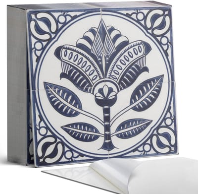 Coloray Plaktegels - Bloemenkeramiek patroon Zelfklevende Tegels - 20 cm x 20 cm - Blauw Plaktegels - 20 stuks - Vierkant PVC Tegels - Plaktegels Badkamer - Plaktegels Vloer - Vinyltegels Vloer Zelfklevend - Wandtegel Zelfklevend