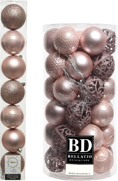 Kerstversiering kunststof kerstballen lichtroze 6-8 cm pakket van 51x stuks - Kerstboomversiering