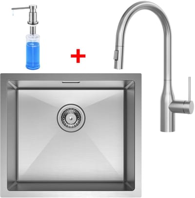 CECIPA Max Spoelbak Keuken 50x44CM - Spoelbakken Keuken Met Uittrekbare Uitloop Keukenkraan en Zeepdispenser 300ML - Wasbak Keuken - Enkele Spoelbak - Spoelbakken met afdruip - RVS