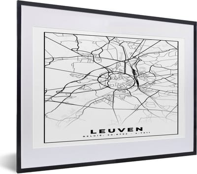Fotolijst incl. Poster Zwart Wit- België – Leuven – Stadskaart – Kaart – Zwart Wit – Plattegrond - 40x30 cm - Posterlijst