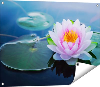 Gards Tuinposter Roze Lotusbloem met Waterlelies - 80x60 cm - Tuindoek - Tuindecoratie - Wanddecoratie buiten - Tuinschilderij