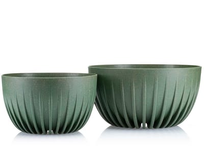 HowHomely Eco Wood - Bloempot - Groene Stroken - 24 cm - Inclusief Inzetstuk