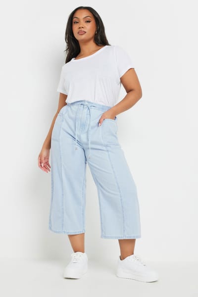 Yours Cropped Denim Jeans Met Wijde Pijpen En Naaddetail In Lichtblauw Size 56
