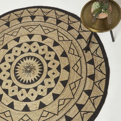 Homescapes Mandala rond vloerkleed 90 cm - gevlochten jute vloerkleed, zwart-naturel