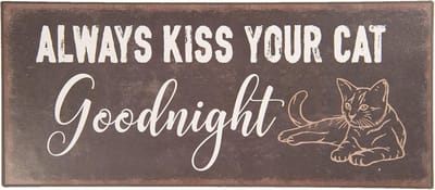 Clayre & Eef Tekstbord 30x13 cm Zwart Metaal Rechthoek Kiss Cat Goodnight Wandbord Spreuk Wandplaat