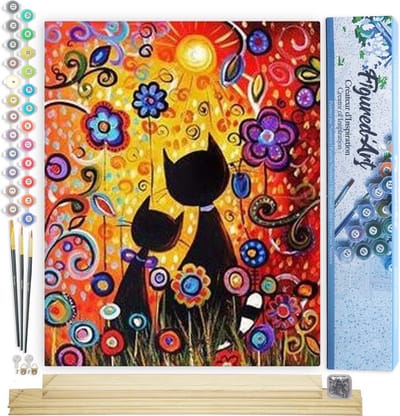 Figured'Art Schilderen op Nummer Volwassenen canvas Cartoon katten - Handwerk acrylverf Kit DIY Compleet - 40x50cm met DIY houten lijst