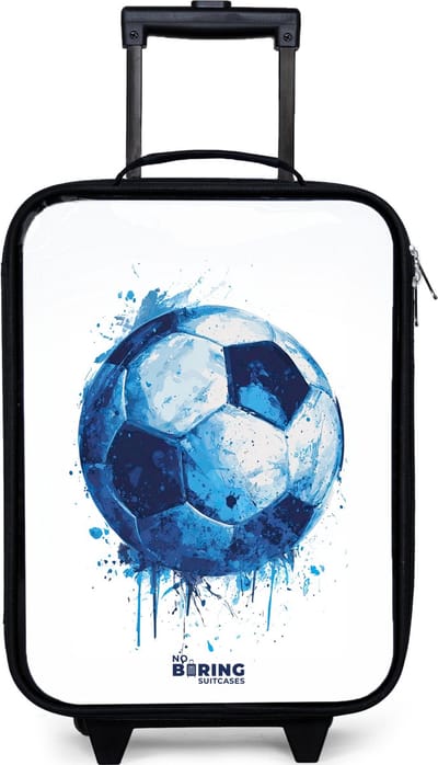 NoBoringSuitcases.com® - Kinderkoffer jongen - Kindertrolley meisje - Voetbal - Inktspatten - Blauw - Bal - Koffer kind lichtgewicht - Reiskoffer trolley voor kinderen - Koffertje met lichtgevende wieltjes - Rolkoffer zwart