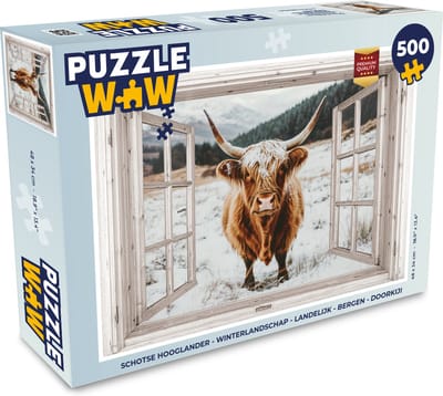 Puzzel Schotse Hooglander - Winterlandschap - Landelijk - Bergen - Doorkijk - Legpuzzel - Puzzel 500 stukjes