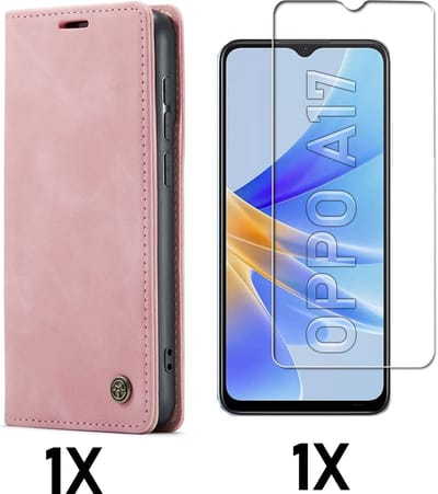 Casemania Hoesje Geschikt voor Oppo A17 Pale Pink & Glazen Screenprotector - Portemonnee Book Case