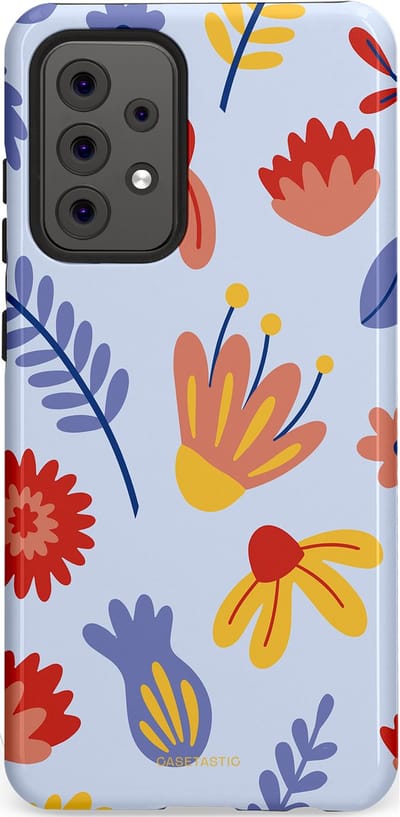 Casetastic hoesje geschikt voor Samsung Galaxy A52 (2021) 5G / Samsung Galaxy A52 (2021) 4G - Dubbellaagse bescherming - Bloemenwind - Fashion Case - Lichtblauw Terracotta Geel