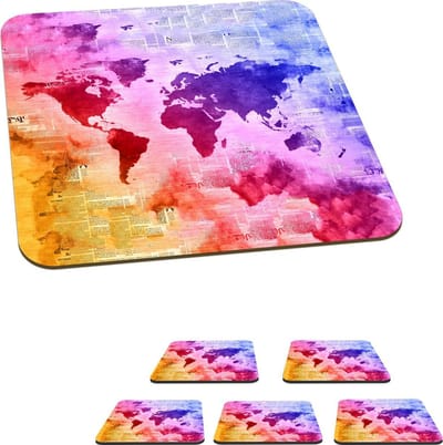Onderzetters voor glazen - Wereldkaart - Kleuren - Abstract - 10x10 cm - Glasonderzetters - 6 stuks