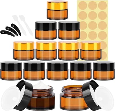 12 stuks amberkleurige glazen potten - 15 ml 20 ml - lege cosmetische potten met deksels - kleine monsterpotjes voor poeder, gezichtscrèmes, kaars, lotion en make-up.