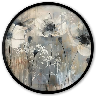 Poster in lijst Rond - Fotolijst 40x40 cm - Posters - Bloemen - Planten - Grijs - Abstract - Ronde posterlijst zwart - Decoratie - Wanddecoratie woonkamer - Muurdecoratie slaapkamer