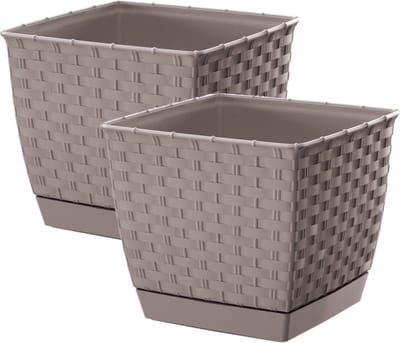 Prosperplast Plantenpot/bloempot - 2x - rotan kunststof - 14.5 x 14.5 cm - taupe