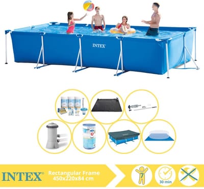 Intex Rechthoekig Frame Zwembad - 450 x 220 x 84 cm - Blauw - Inclusief Afdekzeil - Onderhoudspakket - Zwembadfilterpomp - Filter - Grondzeil - Stofzuiger - Solar Mat - 8-delig