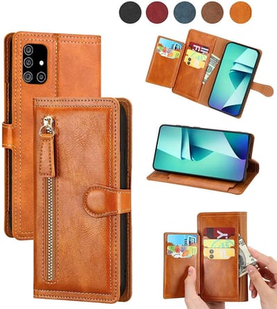 Premium vintage portemonnee hoesje met ritssluiting flip-cover hoes met kaarthoudersleuven Geschikt voor: Samsung Galaxy A42 5G - licht bruin