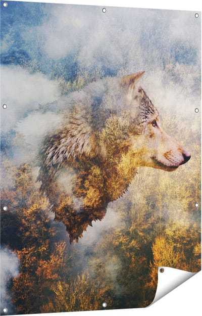 Gards Tuinposter Wolvenkop op een Herfstbos - Wolf - Abstract - 90x120 cm - Tuindoek - Tuindecoratie - Wanddecoratie buiten - Tuinschilderij