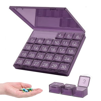 Pillendoos 30 Dagdelen - Maandelijkse Pillendoosje 30 Dagen Pillendoos - Uitneembare Medicijndoos - Grote Geneesmiddelen Pillendoosje - Pillendoos Pillenhouder - Reis Pillenorganisator - Geschikt voor Pillen/Vitaminen/Supplementen - Paars
