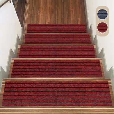 Trapmatten voor binnen antislip 15 stuks 22 x 70 cm - Zelfklevend traptapijt - Rood met zwarte strepen