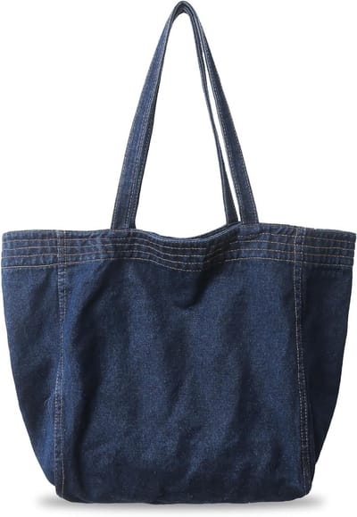Grote Dames Shopper Tas van Denim en Canvas met Rits, Perfect voor School, Werk en Winkelen