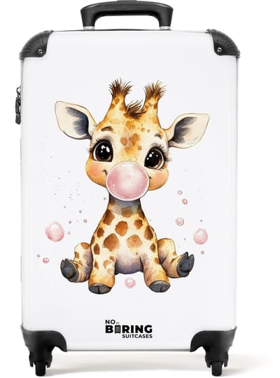 NoBoringSuitcases.com® - Kinderkoffer meisje - Kindertrolley meisjes - Giraffe met roze kauwgombal - Handbagage koffer lichtgewicht - Reiskoffer trolley kinderen - Rolkoffer met wieltjes - Past binnen 55x40x20 en 55x35x25