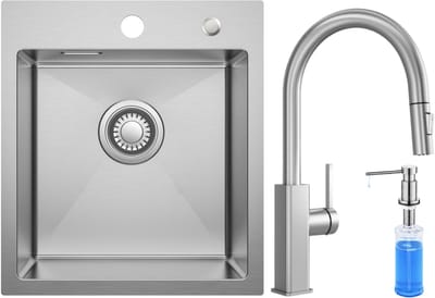 CECIPA max Spoelbak Keuken 40x45CM - Spoelbakken met Kraangat - Spoelbakken Keuken Met Uittrekbare Uitloop Keukenkraan - Wasbak Keuken Met Zeepdispenser 300ML - Enkele Spoelbak met afdruip - RVS