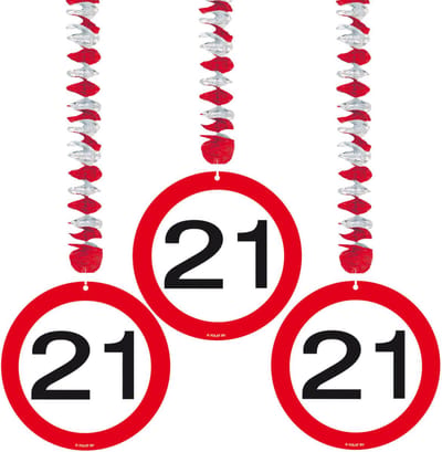 Verjaardag versiering rotorspiralen - 21 jaar - 3x - plafond - verkeersborden / leeftijd decoratie