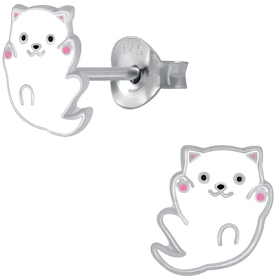Joy|S - Zilveren kat poes oorbellen - 8 mm - kitten wit