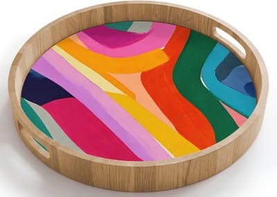Dienblad rond 40x40 cm - Schootdienblad hout - Abstract - Kleurrijk - Golven - Lijnen - Borrelplank rechthoek - Plateau houten dienbladen