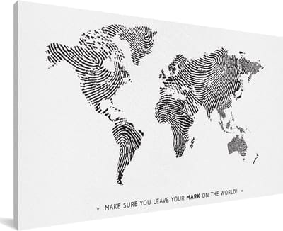 Grote wanddecoratie - Wereldkaart vingerafdruk zwart wit met tekst canvas - 200x100 cm - XXL decoratie