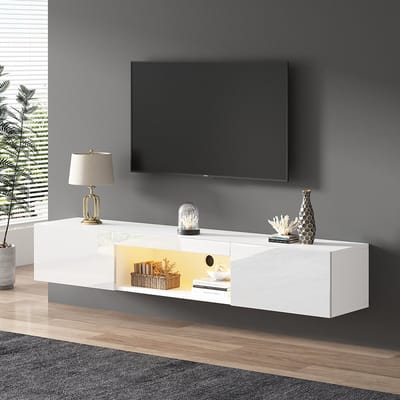KOMHTOM TV Meubel 160x31x22 cm wit glanzend wandMeubell voor 70” TV LED verlichting Bluetooth APP bediening TV muurbeugel