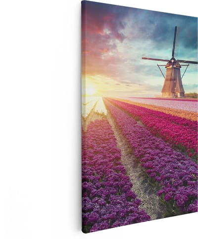 Artaza Canvas Schilderij Tulpenveld - 80x120 cm - Groot - Wanddecoratie Molen - Muurdecoratie Bloemen - Schilderijen Op Canvas Holland