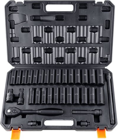 1/2-Inch Slagdoppenset, 33-Delig, Sae en metrisch, 10–24 mm, 6-Punts Cr-V-Gelegeerd Staal voor Autoreparaties, Gemakkelijk Leesbare Markeringen, Robuuste Constructie met Opbergkoffer