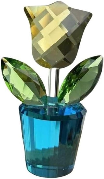 Kristallen Tulp Boeket - Glas Bloemen Beeldje - Kantoor Home Decor - Handgemaakt Kristal - 10 cm Hoog - Geel