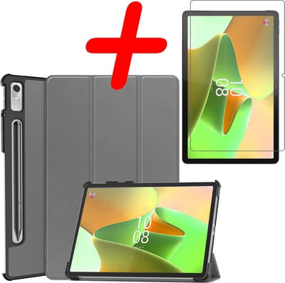 Hoesje Geschikt voor Lenovo Tab P11 Pro - Met Screenprotector - Trifold Bookcase - Hard Cover Case - Met Uitsparing Geschikt voor Lenovo Pen - Hardcover Book - Tablet Hoes - Grijs