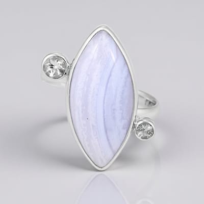 Cavill - Zilveren ring 925 Sterling met 10 ct Namibische blauwe kant agaat en 0,45 ct witte topaas - Marquise cabochon elegant dames sieraad