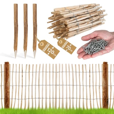 BOGATECO Hazelnoot Tuinafscheiding 70 x 500 cm - Complete Set met 120 cm Palen & Beslag - Lattenafstand 3-4 cm - Natuurlijk Rolhekwerk voor Tuin & Erf