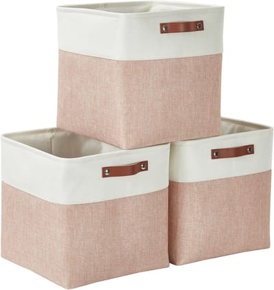 Vouwbare Opbergkubussen van Canvas met Leren Handvatten, 30cm - Set van 3 (Roze & Wit) voor Organisatie en Opslag