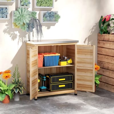 MEUNIQ tuinkast 79 x 43 x 92 cm met werkblad en interne legplank, opbergkast voor tuin of balkon, van grenenhout en verzinkt staal, naturel