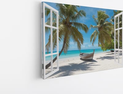 Saammp Canvas Schilderij - tropisch Strand - Natuur - Doorkijk - 45x30 - Foto op canvas - Wanddecoratie - Muurdecoratie Woonkamer - Slaapkamer decoratie - Canvas Print