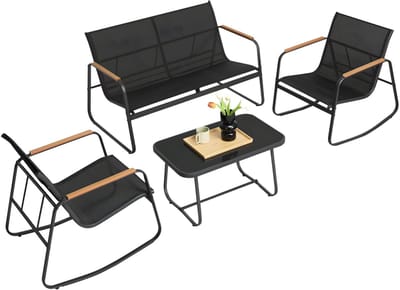 Tuinmeubelset – Voor tuin & balkon – 2 schommelstoelen met tafel, tuinbank met armleuningen – Ink Black