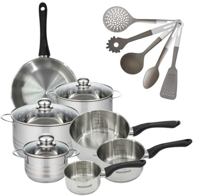 Set pannen 24 cm, 3 kookpotten 16/20/24 cm & 3 steelpannen 12/16/20 cm Fackelmann Geneva en 5 keukengerei