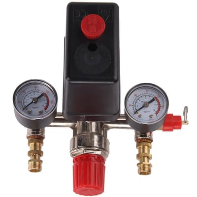 230V Drukschakelaar Luchtklep Inlaatspruitstuk Compressor Regelaar Meter Set Red & Gold & Black