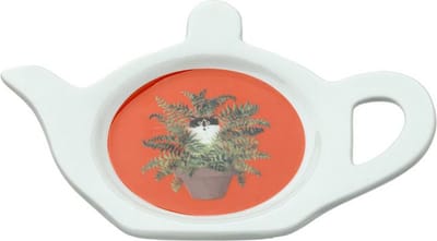 Kim Haskins Kat in plantpot Rood Theepotvormige Porselein Theezakjeshouder - 1,5x15x10x5cm