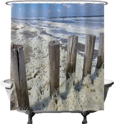 Ulticool Douchegordijn - Strand Kust Nederland - 180 x 200 cm - met 12 Ringen wit - semi Transparant - anti Schimmel - blauw sepia beige