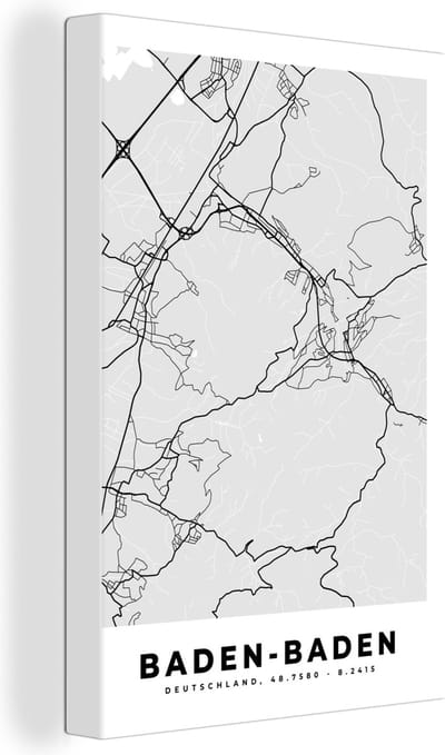 Canvas Schilderij Duitsland - Baden-Baden - Kaart - Stadskaart - Plattegrond - 20x30 cm - Wanddecoratie