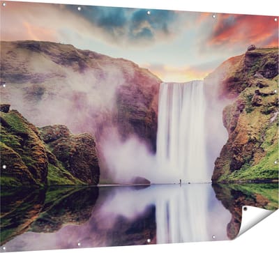Gards Tuinposter Waterval met een Weerspiegeling in het Water - 160x120 cm - Tuindoek - Tuindecoratie - Wanddecoratie buiten - Tuinschilderij