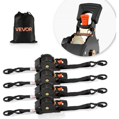 VEVOR Automatische Spanband Met Ratel, 25,4 X 4876,8 Mm, Spanbanden Met S-Haken, Breeksterkte 700 Kg, Draagtas, Intrekbare Spanbanden Met Ratel voor Verhuizingen, Aanhangers, Motoren, Kajaks, Autodaken, 4-Pack