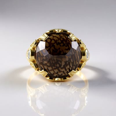 Cavill - Rookkwarts Ring 13,69 ct - 925 Sterling Zilver 18K Goud Verguld - Ronde Braziliaanse Edelsteen - Zirkonen Accent - Elegante Damesring
