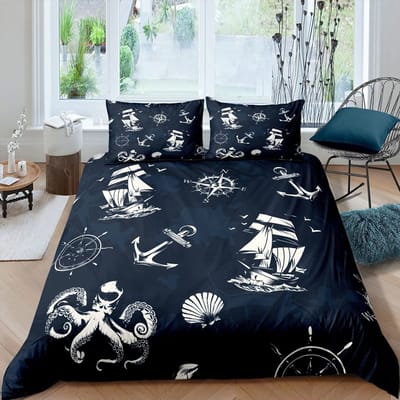 Nautische Dekbedovertrek Set Boot Piraat Beddengoed Set King Size Retro Zeilboot Bruin Dekbedovertrek Anker Kompas Vintage Quilt Set EU Double(200x200cm)